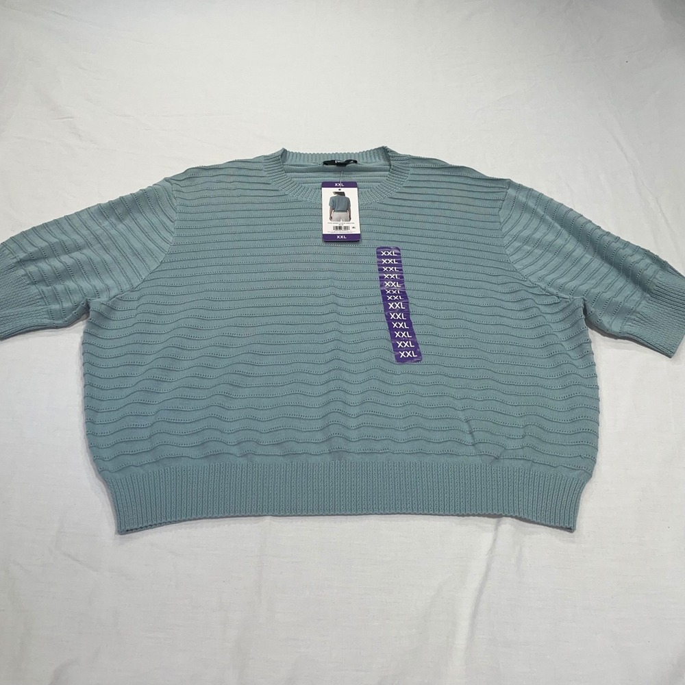 Frye Womens XXL Light Blue Cotton Knit Short Sleeve Wavy Texture Sweater NWT